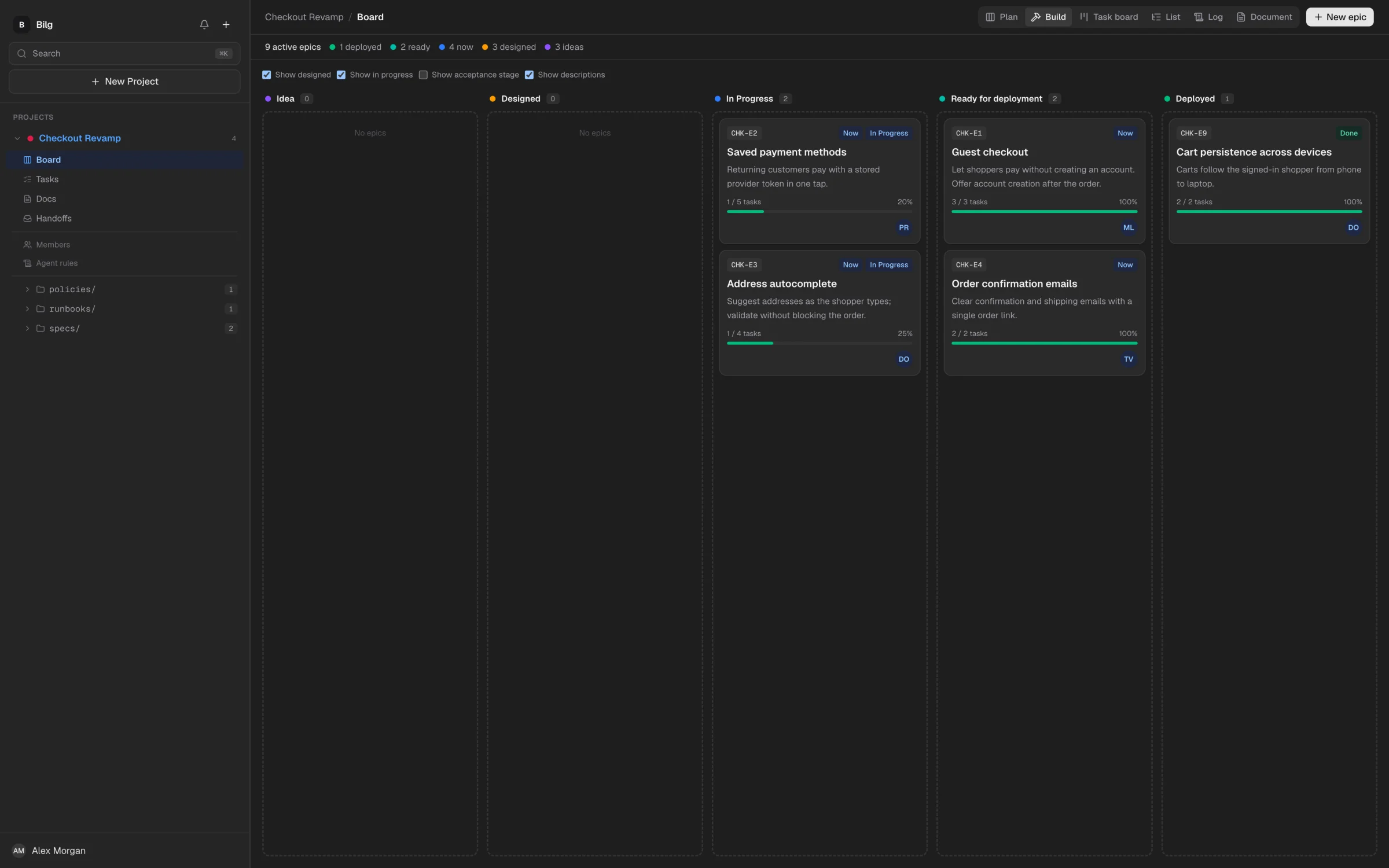 Bilg board in Build view: the epics planned for now grouped into Idea, Designed, In Progress, Ready for deployment and Deployed