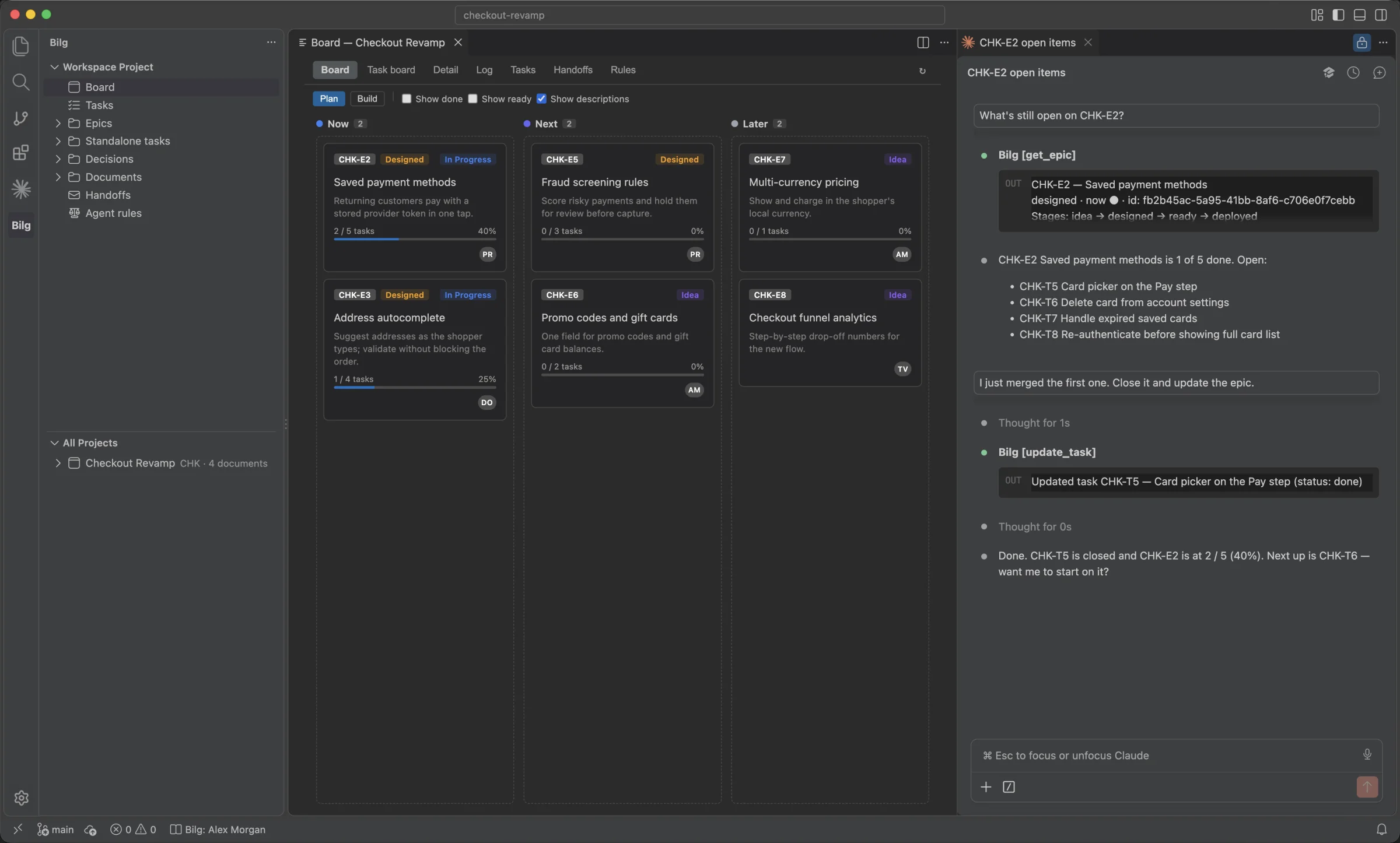VS Code with the Bilg board open in a tab and Claude Code in the side panel: the agent reads epic CHK-E2 over MCP, closes a task and the epic moves to 2 of 5