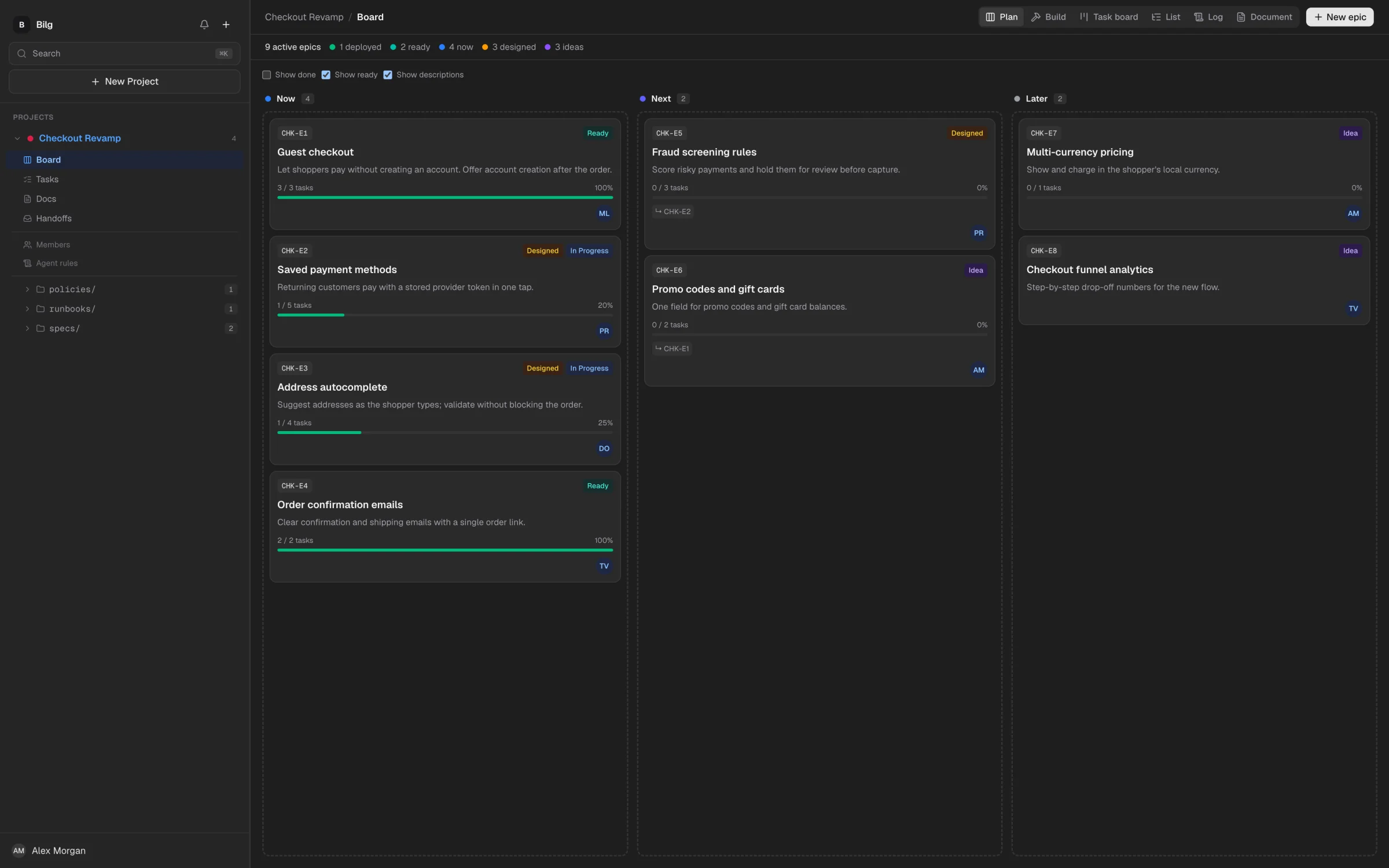 Bilg board in Plan view: epics grouped into Now, Next and Later with progress, owners and dependencies